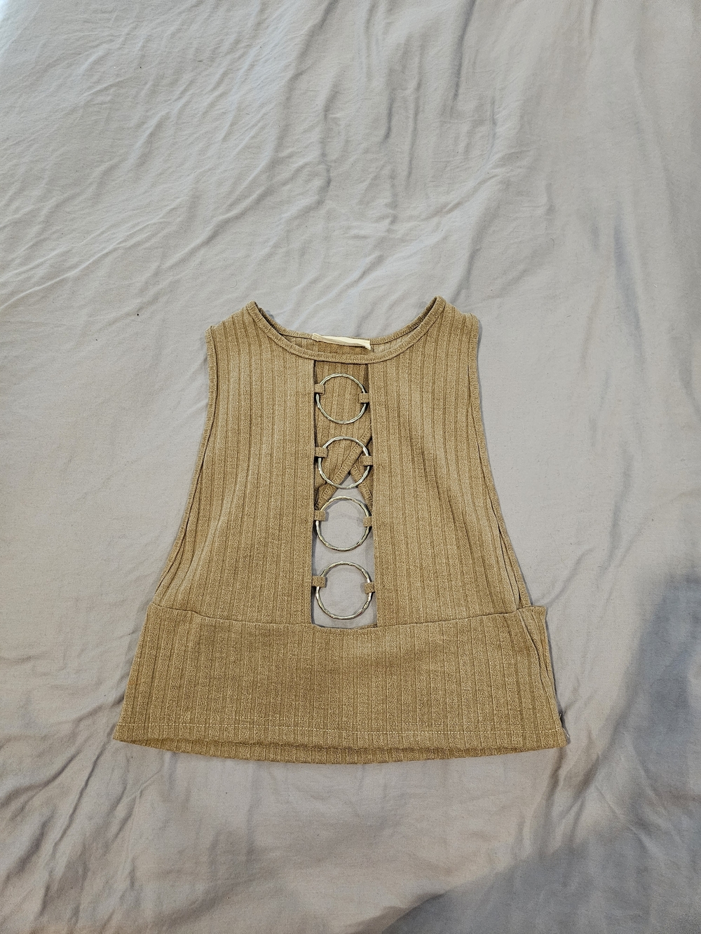 Ribbed Tank Top with Ring Detail - Tan